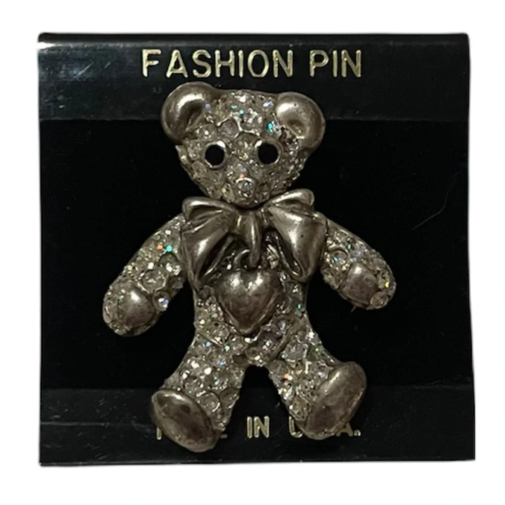 Vintage Crystal Teddy Bear Brooch Aurora Borealis Sparkle Pin 1980s Made In USA